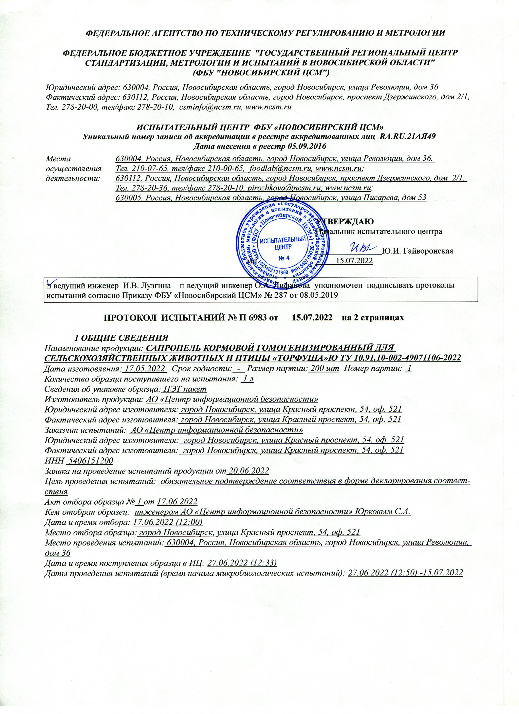 Протокол испытаний сапропель "Торфуша"